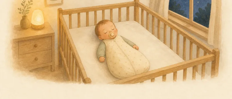 Baby schläft friedlich mit Schnuller im eigenen Bettchen ein – Schnuller zum Einschlafen als Teil eines ruhigen Abendrituals