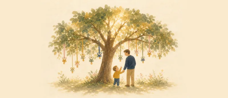 Schnullerbaum mit bunten Schnullern an den Ästen in einer Parkanlage – Titelbild des Ratgebers zum Schnullerbaum