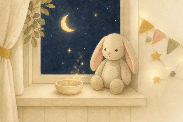 Plüschtier Hase mit Hörgeschichte als Geschenk der Schnullerfee neben einer leeren Schnullerschale