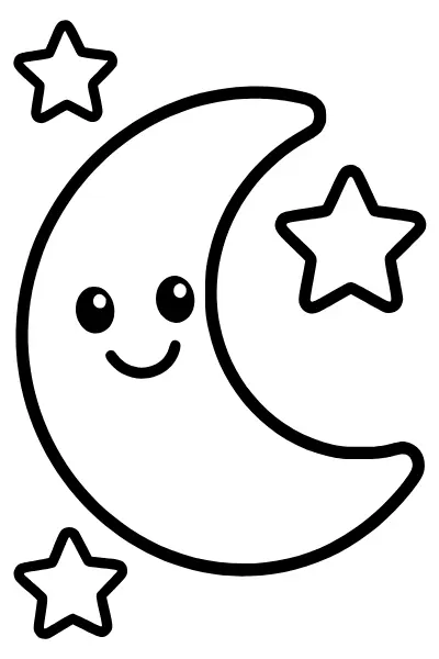 Schnullerfee-Bild: lächelnder Mond mit Sternen zum Ausmalen
