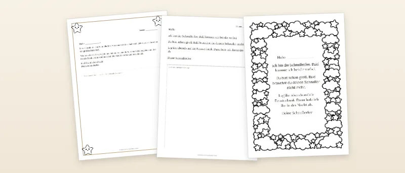 Brief von der Schnullerfee: Ankündigungsbrief – klassisch, Ankündigung mit kurzen Sätzen und Ankündigung mit Ausmalbild