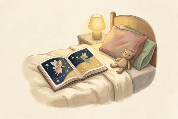 Aufgeschlagenes Bilderbuch über die Schnullerfee auf einem Kinderbett – Kachelbild zum Schnullerfee-Buch