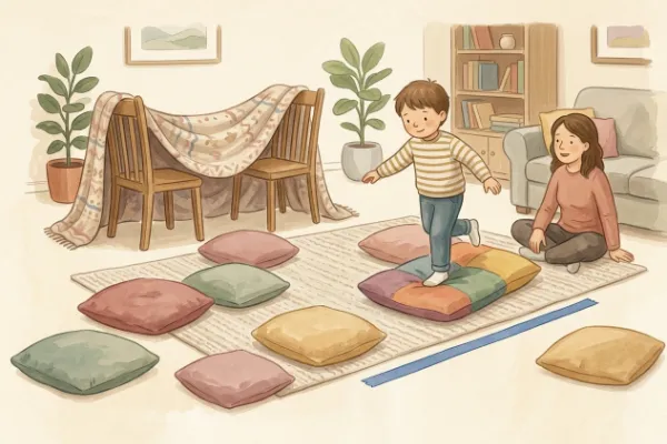 Kissenparcours mit Kreppband und Kissen auf dem Wohnzimmerboden – Kinder beschäftigen drinnen