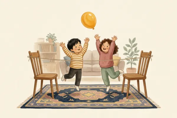 Zwei Kinder spielen Luftballon-Volleyball über eine Schnur im Wohnzimmer – Kinder beschäftigen mit 10 Jahren drinnen