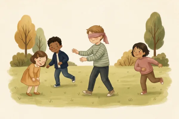 Bewegungsspiel Blinde Kuh: Kind mit Augenbinde tastet sich vorsichtig vor