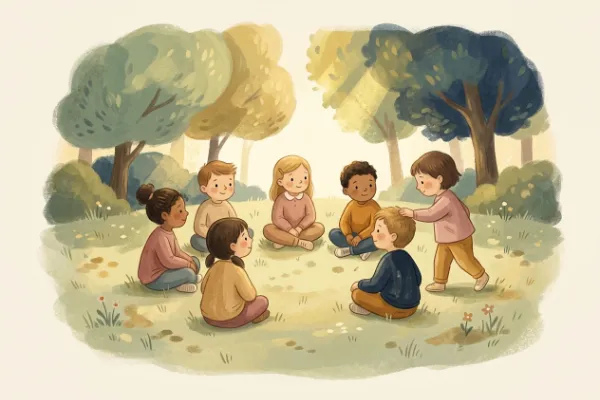Bewegungsspiel Ente, Ente, Gans: Kinder sitzen im Kreis, eines läuft außen herum