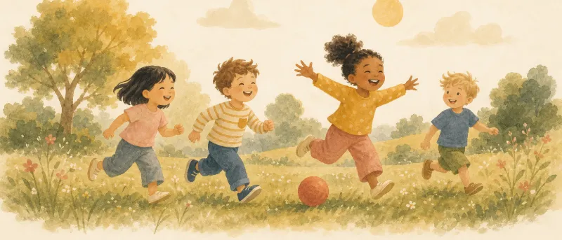 Bewegungsspiele: Kinder laufen und hüpfen gemeinsam über einen Hof – Titelbild der Sammlung