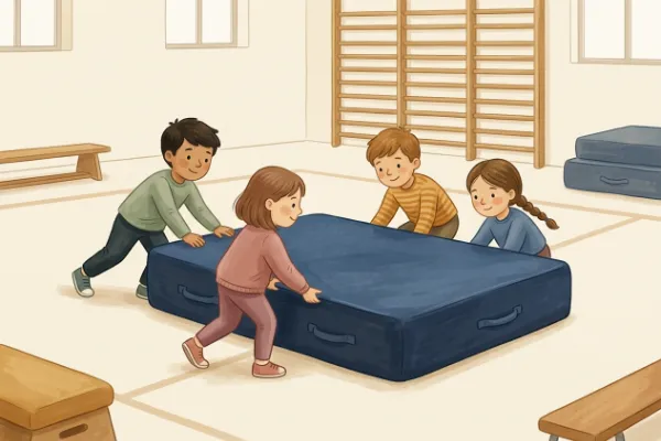 Bewegungsspiel Krankenhaus: Kinder bewegen gemeinsam eine Gymnastikmatte in der Turnhalle