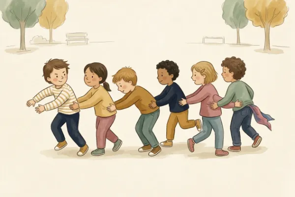 Bewegungsspiel Schlangenschwanz: Kinderkette mit Tuch in der Hosentasche