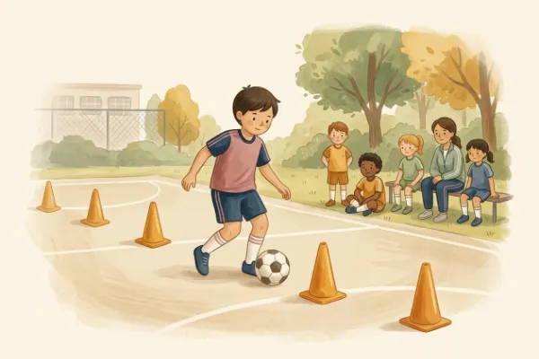 Bewegungsspiel Slalom-Ball: Kind dribbelt einen Ball um Kegel