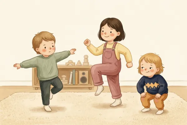 Bewegungsspiel Stopp-Tanz: Kinder erstarren mitten in der Bewegung zur gestoppten Musik