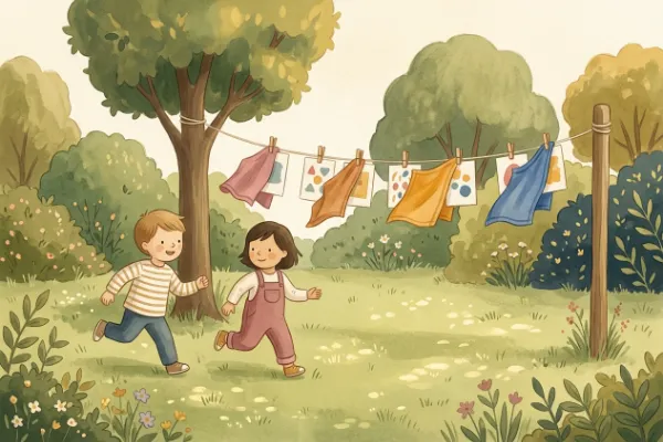 Bildkarten hängen an einer Wäscheleine im Garten und sind halb mit Tüchern verdeckt