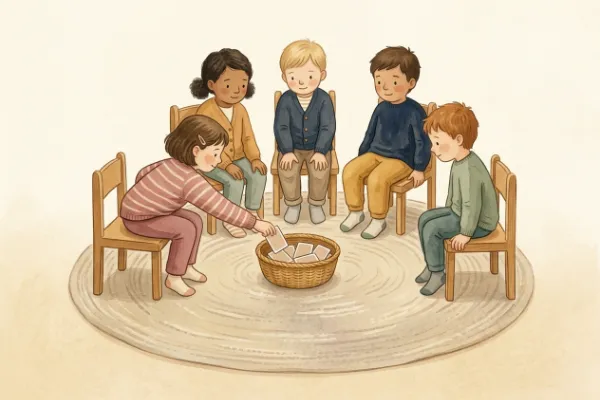 Kinder sitzen im Stuhlkreis um einen Korb mit Bildkarten