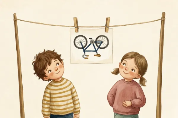 Beim Bilderraten hängt ein Bild mit einem Fahrrad kopfüber an einer Schnur mit Wäscheklammern.