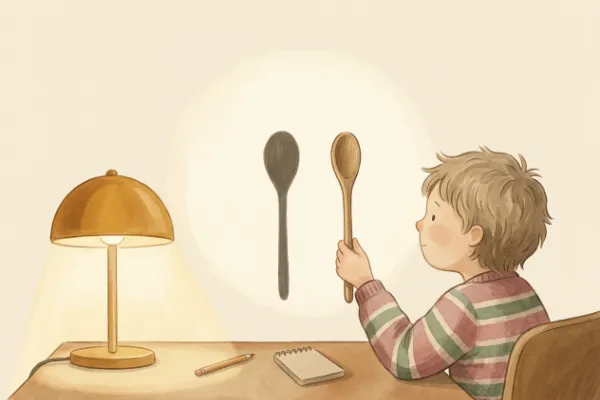 Schatten eines Löffels an einer weißen Wand beim Schattenraten