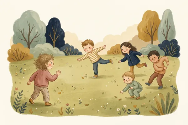 Kinder stehen still auf der Wiese – Spiele für draußen ohne Material