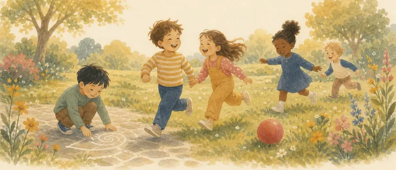 Kinder spielen Spiele für draußen auf einer Wiese mit Kreide und Ball