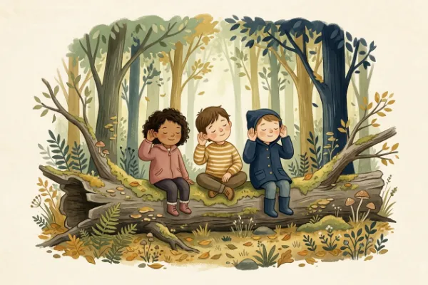 Kinder sitzen auf einem Baumstamm und lauschen – Spiele für draußen im Wald