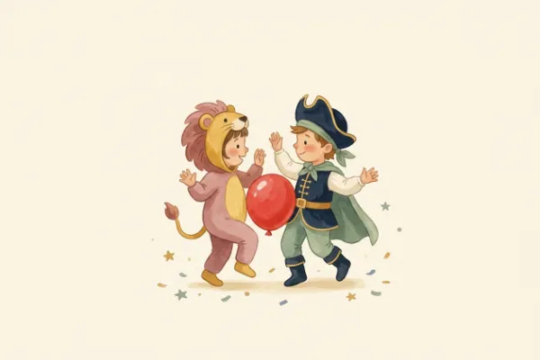 Zwei verkleidete Kinder tanzen mit einem Luftballon zwischen sich