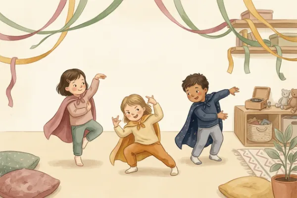 Kinder erstarren beim Stopp-Tanz zur Musik in lustigen Posen