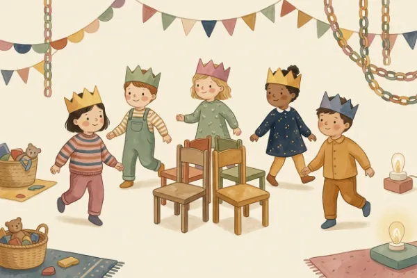 Enger Stuhlkreis, um den Kinder beim Stuhltanz laufen