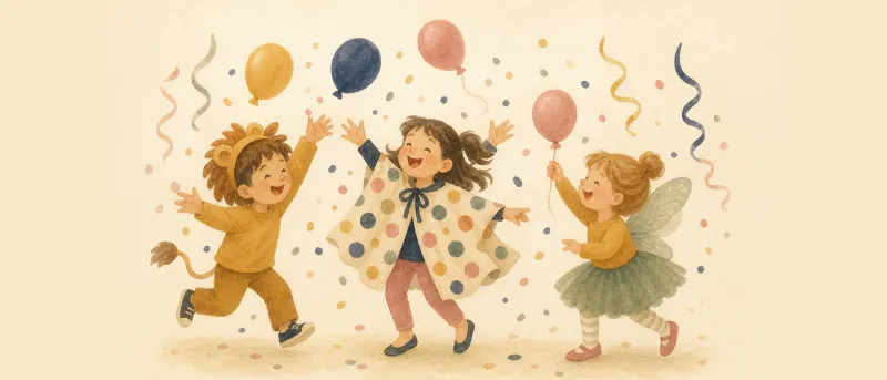 Faschingsspiele: Kinder in Kostümen spielen mit Luftballons und Konfetti