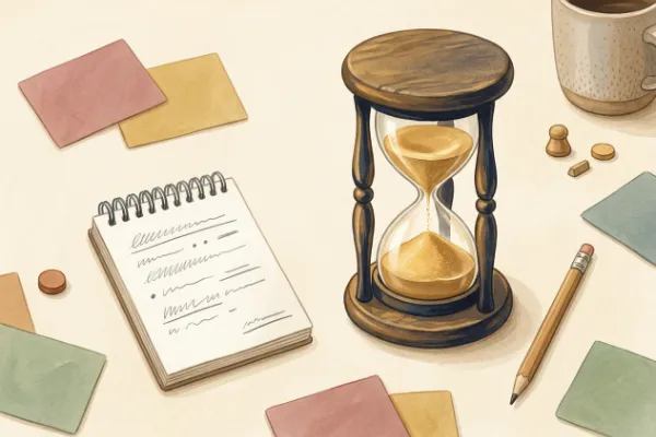 Eieruhr neben Papier mit Strichen und Stift – Illustration zur Zeitrunde beim Galgenmännchen