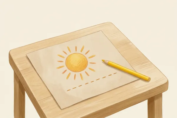 Buntstiftzeichnung einer Sonne, die Strich für Strich entsteht, neben Strichen auf Papier – Variante beim Galgenmännchen