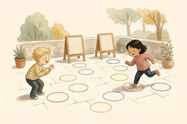 Kinder beim Staffellauf mit Kreidemarkierungen und Spieltafeln auf dem Hof – Buchstaben-Staffel beim Galgenmännchen
