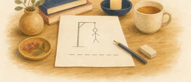 Titelbild: Notizblatt mit Buchstabenstrichen, gezeichnetem Galgenmännchen und Stift – Illustration zum Klassiker Galgenmännchen