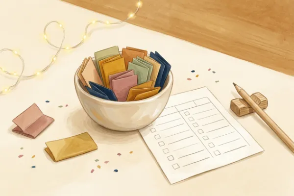 Gefaltete Zettel in einer Schale neben Papier mit Buchstabenstrichen – Illustration zur Wunschwort-Runde beim Galgenmännchen