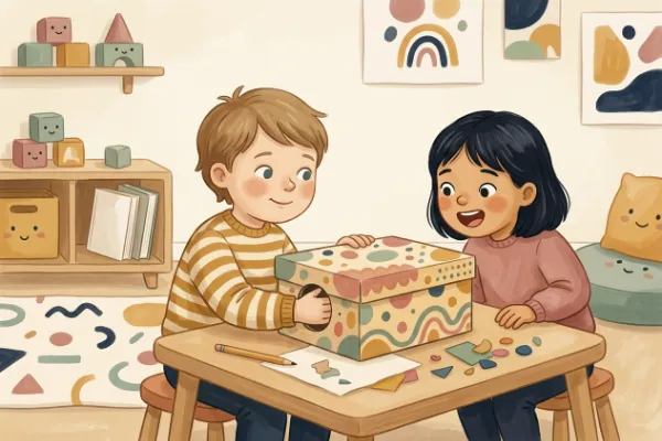 Kind greift neugierig in eine bemalte Fühlkiste – gruseliges Halloween-Spiel für Kinder