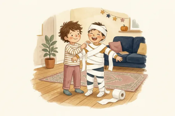Ein Kind wickelt ein anderes Kind mit Toilettenpapier zur Mumie ein – Halloween-Spiel für die Party
