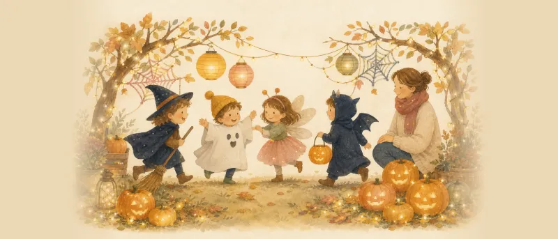 Kinder spielen Halloween-Spiele mit Kürbissen, Lampions und Spinnendeko im Garten
