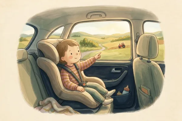 Illustration: Blick aus dem Autofenster, Kind rät vorbeiziehende Dinge beim Ratespiel