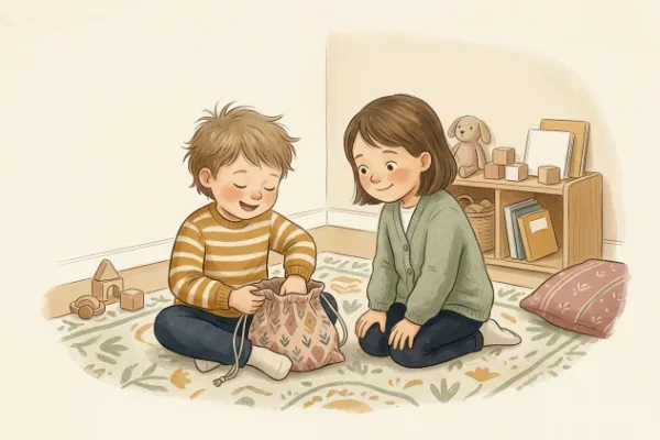 Illustration: Kind greift in einen Stoffbeutel und ertastet einen Gegenstand beim Ratespiel