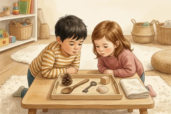 Illustration: Tablett mit kleinen Alltagsdingen, Kinder schauen beim Merkspiel genau hin
