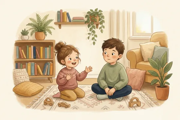 Illustration: Kind beschreibt eine Farbe, andere Kinder raten beim Klassiker im Wohnzimmer