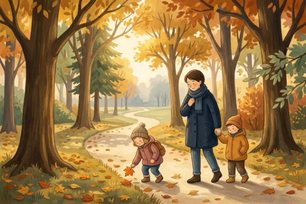 Illustration: Familie spielt beim Spaziergang und sammelt bunte Blätter