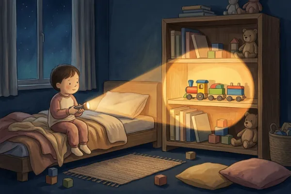 Illustration: Taschenlampe leuchtet im dunklen Kinderzimmer auf ein Regal voller Spielzeug