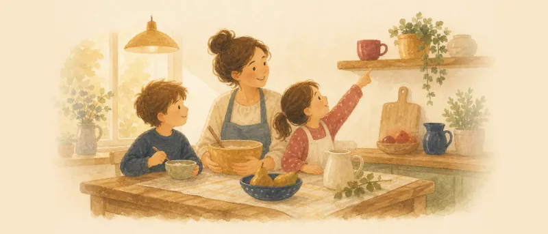 Illustration: Kinder spielen Ich sehe was, was du nicht siehst am Küchentisch und deuten auf eine rote Tasse
