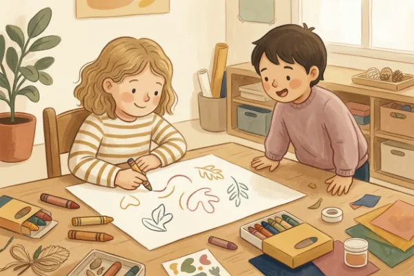 Illustration: Kinder zeichnen nach einer Beschreibung einen Gegenstand auf Papier