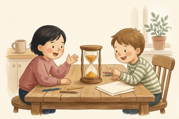 Illustration: Sanduhr läuft, Kinder raten um die Wette beim Ratespiel Ich sehe was, was du nicht siehst mit Zeitlimit.