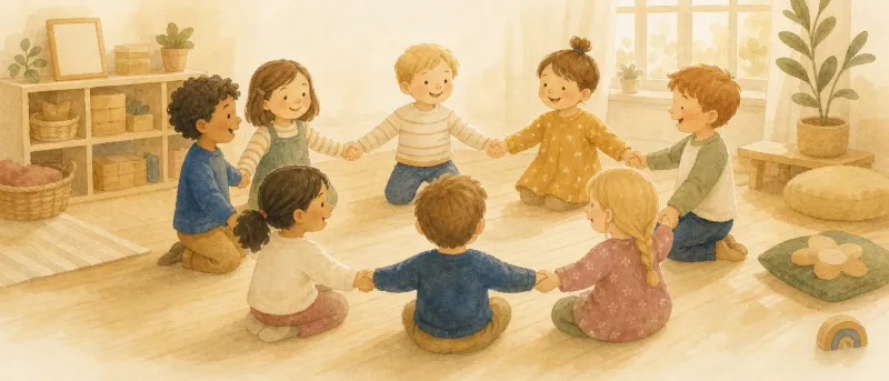 Kreisspiele im Kindergarten: Kinder sitzen im Kreis und halten sich an den Händen, Titelbild der Spielesammlung