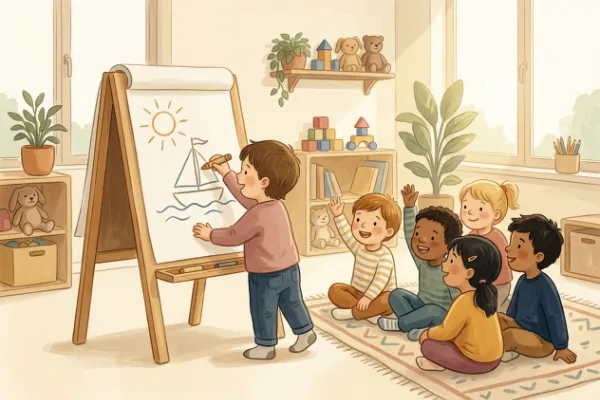 Flipchart mit schnellen Strichzeichnungen beim Montagsmaler-Spiel in der Kita