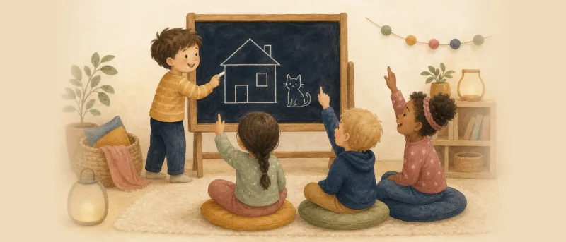 Kind zeichnet Montagsmaler-Begriffe mit Kreide an eine Schultafel, andere Kinder raten mit