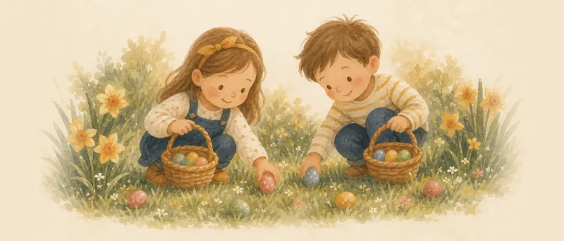 Illustration: Kinder sammeln mit Körben bunte Ostereier im Garten – Ostereier suchen als Familienspiel