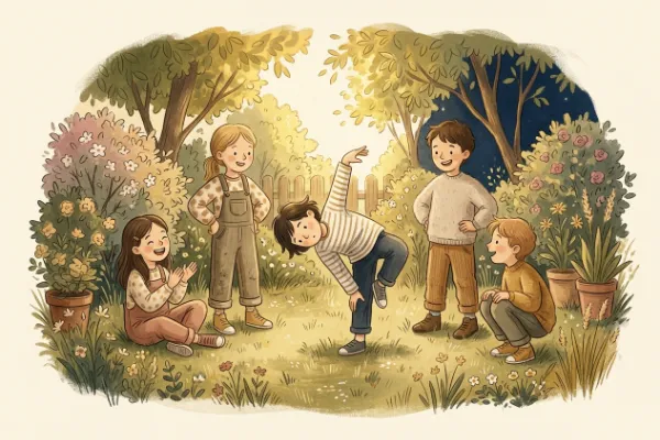 Illustration: Kinder spielen Pantomime im Garten zwischen Büschen und Bäumen.