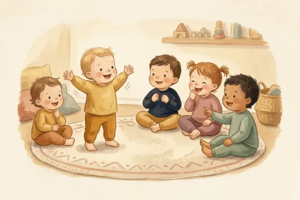 Illustration: Kita-Kinder sitzen im Halbkreis und lachen über eine pantomimische Darstellung.