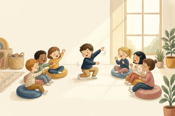 Illustration: zwei Kindergruppen raten, während ein Kind vor ihnen einen Begriff pantomimisch zeigt.